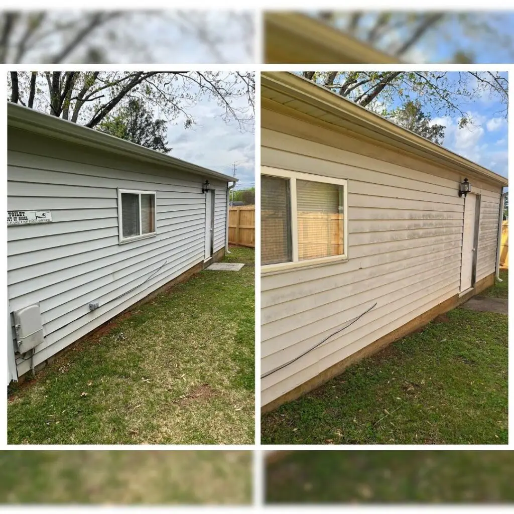 A before and after look of a exterior siding that has been house washed in Madison, Alabama