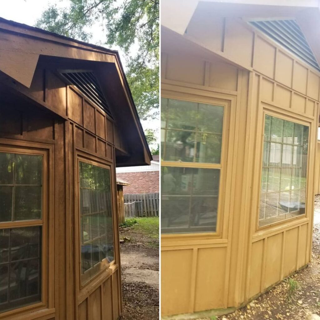 A before and after look of a wood that has been restored and cleaned in Madison, AL