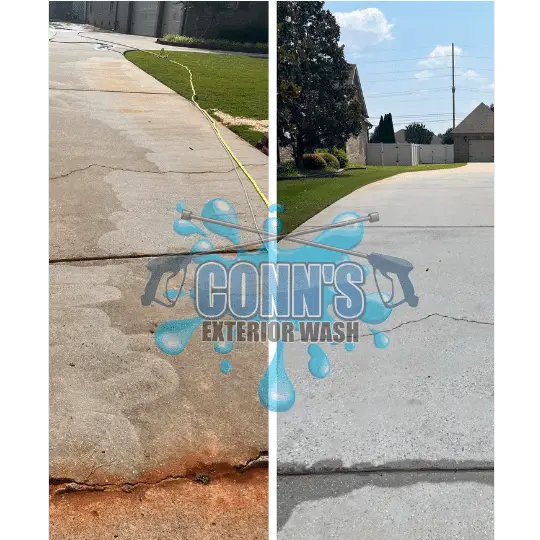 A before and after look of a concrete that has been pressure washed in Madison, Alabama